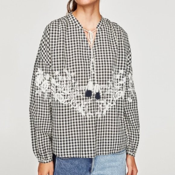 ZARA Trafaluc Gingham Embroidered Boho Peasant Top - Picture 1 of 10